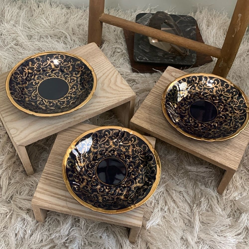 Set Of Three Small Dark Navy Blue & Gold Porcelain Saucers Signed Richard Ginori
